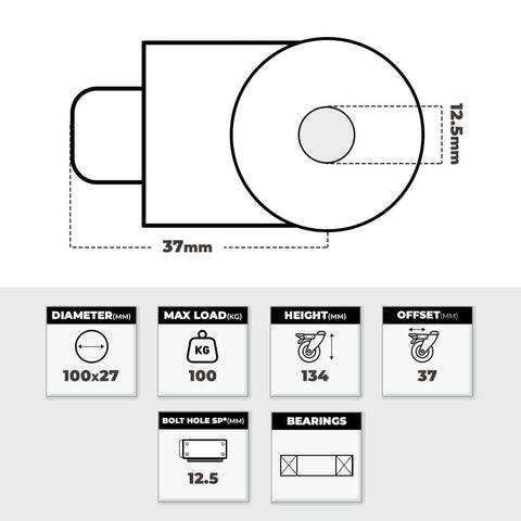 Grip 42011 100mm 100kg Institutional Grey TPR Swivel Castor with Brake & Bolt Hole