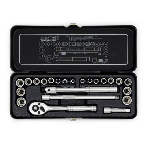 AuzGrip A75303 23 Piece Metric and SAE 6 Point 1/4 Inch Square Drive Socket Set Front