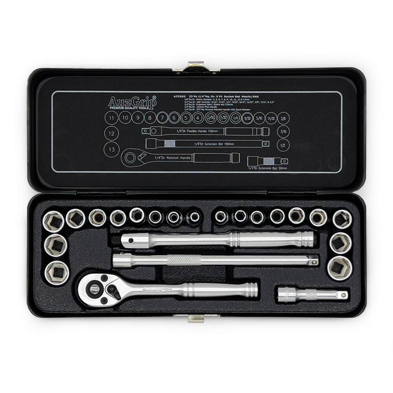 AuzGrip A75303 23 Piece Metric and SAE 6 Point 1/4 Inch Square Drive Socket Set Front