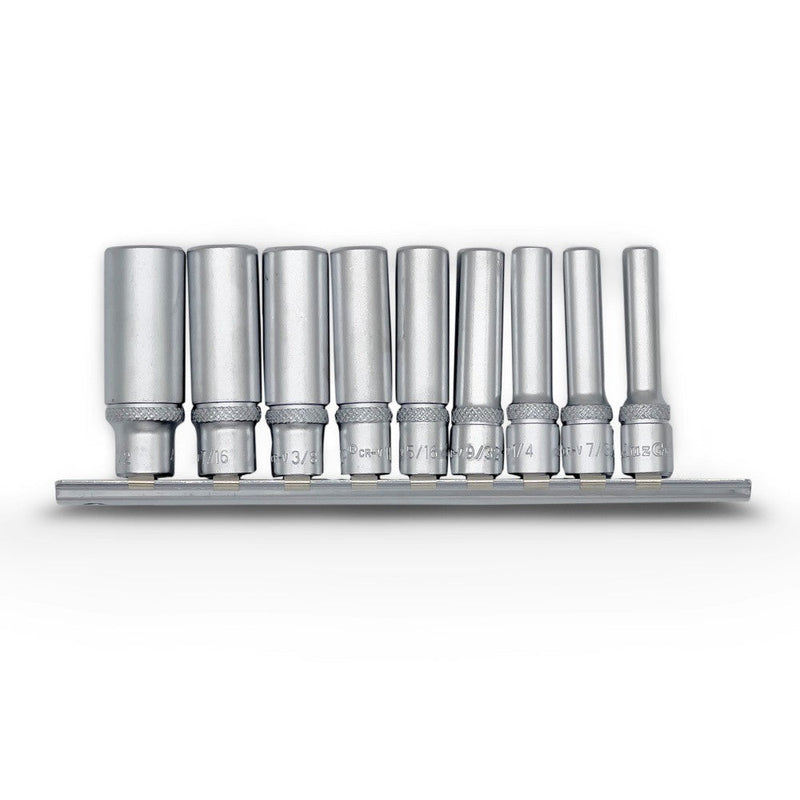 AuzGrip A75351 9 Piece SAE 12 Point 1/4" Square Drive Deep Socket Set Front