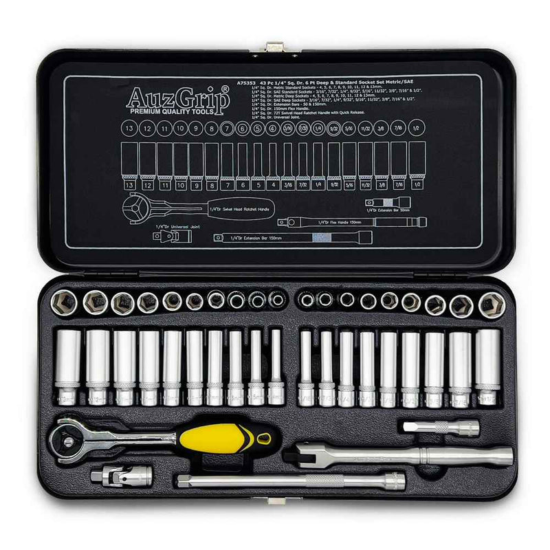 AuzGrip A75353 43 Piece Metric and SAE 6 Point 1/4 Inch Square Drive Deep and Standard Socket Set Front