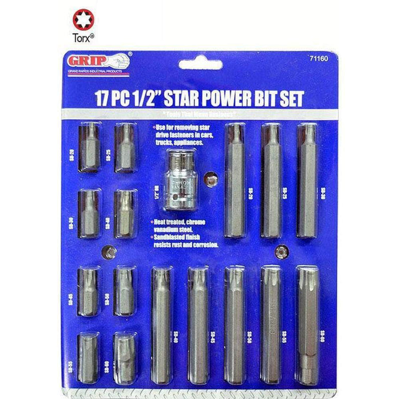 Grip Grip 71160 17 Piece T20-T60 1/2" Square Drive Long & Short Torx Bit Set