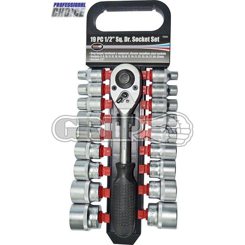 Grip Grip 75290 19 Piece Metric 1/2" Square Drive 8-32mm Socket Set with Ratchet