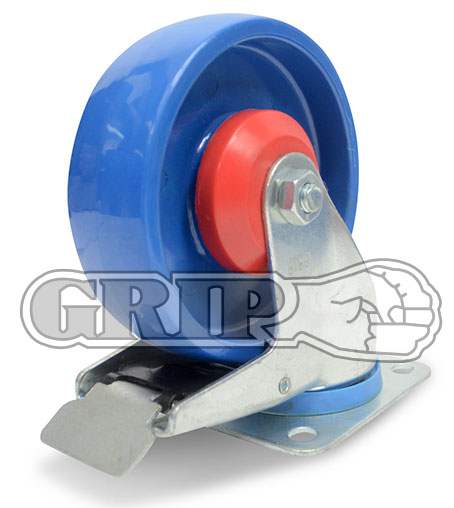 41985 - Grip 125mm 250kg Blue Nylon Wheel Castor Swivel Plate With Brake